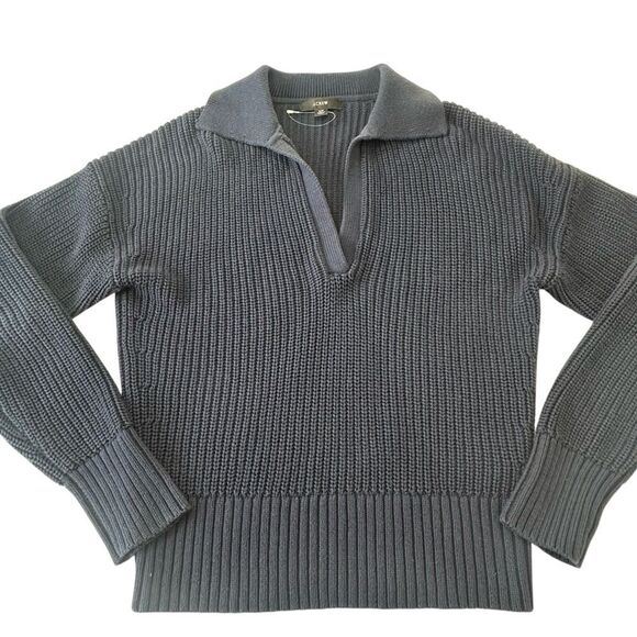 J.Crew Navy Blue Collared Chunky Ribbed Knit Beach Polo Fall Sweater, XS - Picture 1 of 11